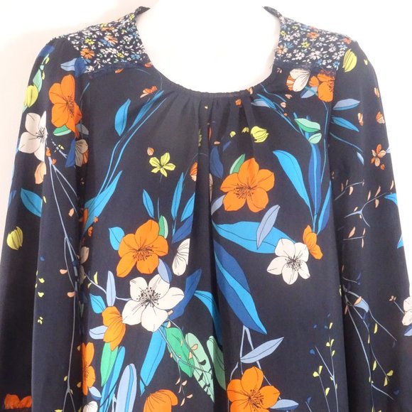Nanette Lepore  Nanette  Blue Orange Floral Long Bell Sleeve Lace Top Sz S - Picture 1 of 15